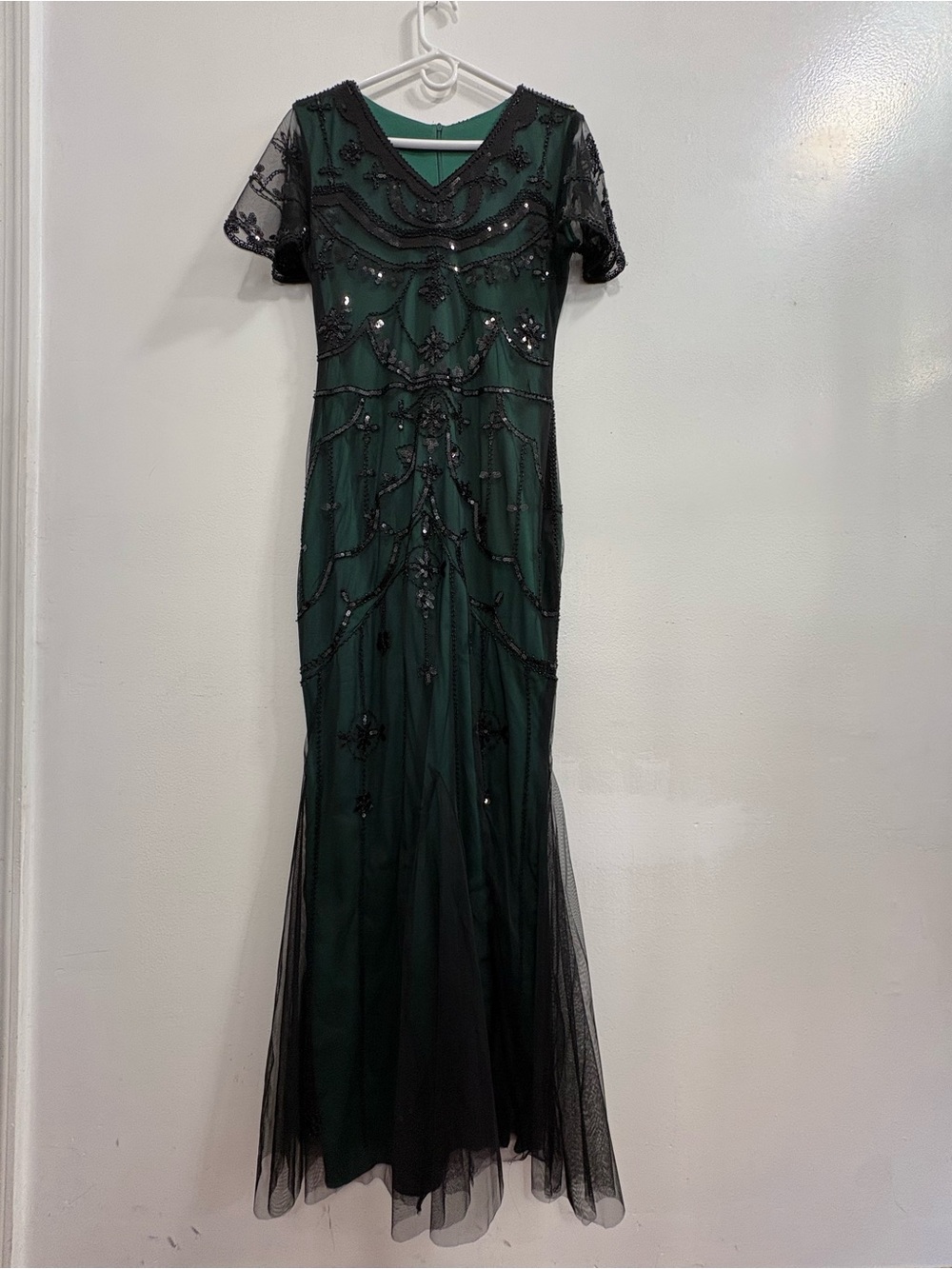 Embellished Dark Green Maxi Dress with Black Beaded Overlay